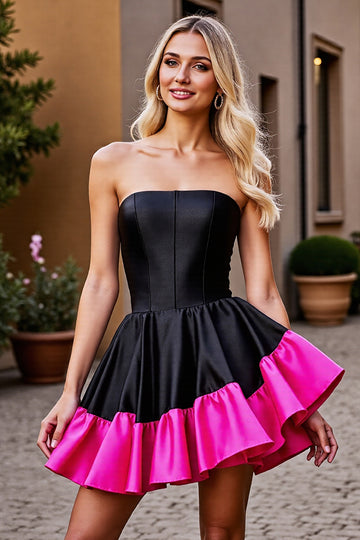 Black A Line Strapless Ruffled Homecoming Dress